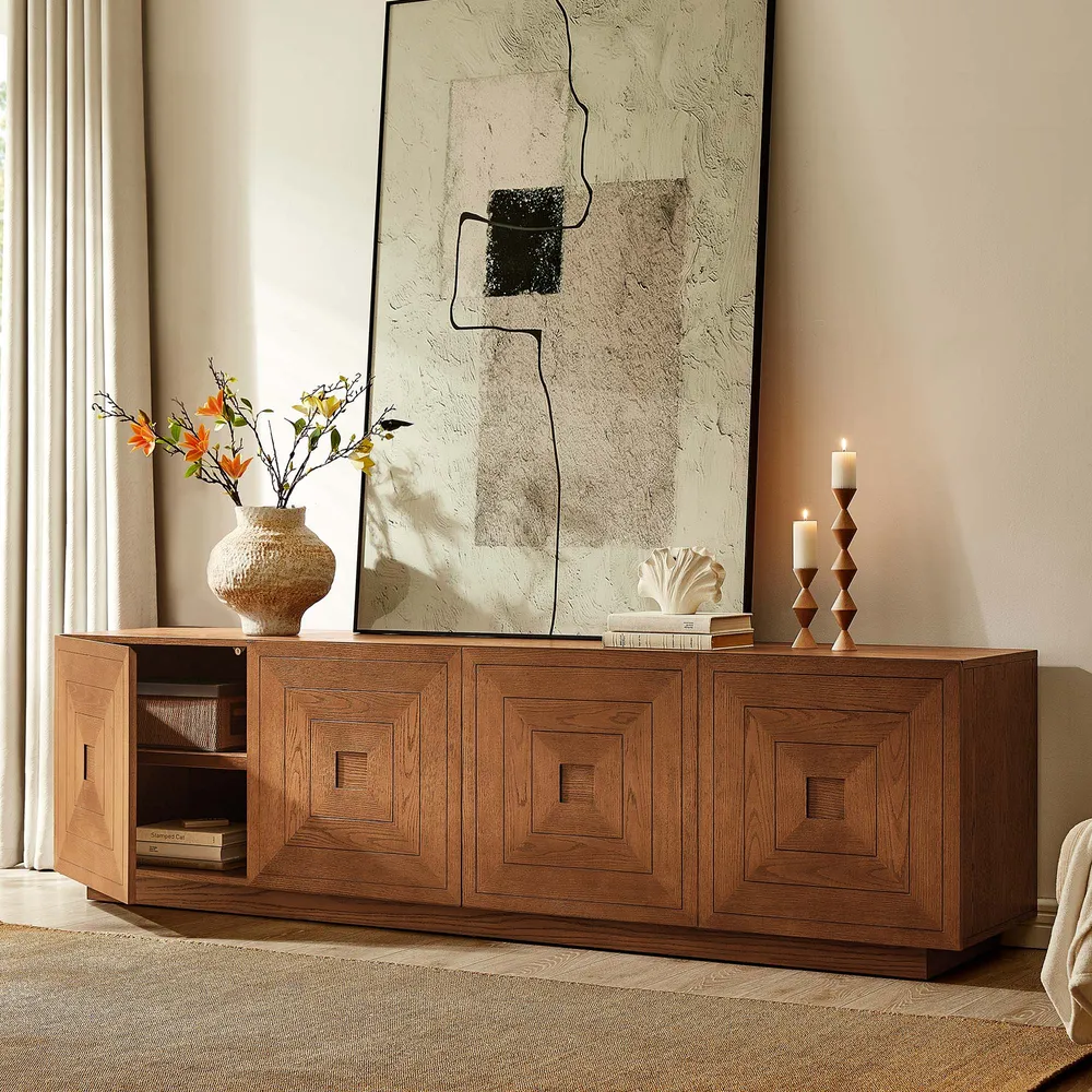 Carving Media Console in teak wood with natural brown finish
