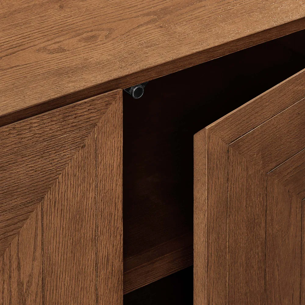 Carving Media Console in teak wood with natural brown finish