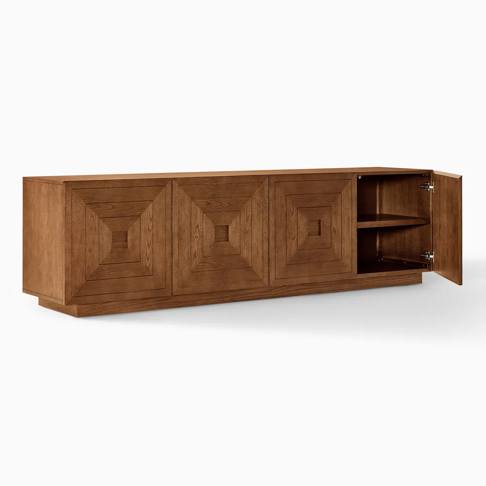 Carving Media Console in teak wood with natural brown finish