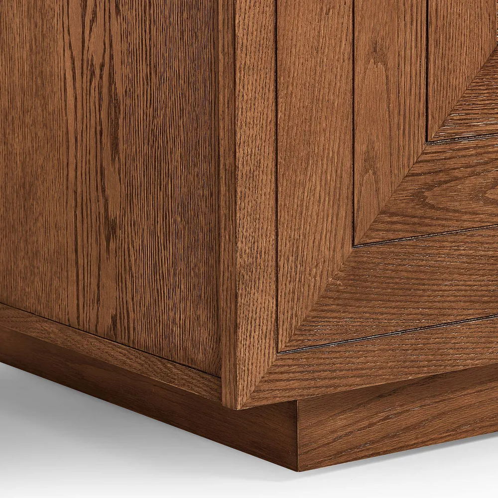 Carving Media Console in teak wood with natural brown finish