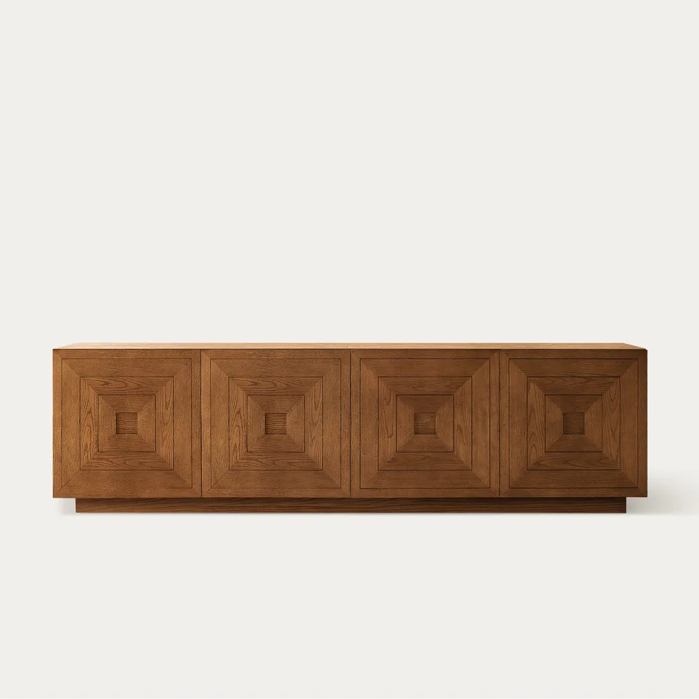 Carving Media Console in teak wood with natural brown finish