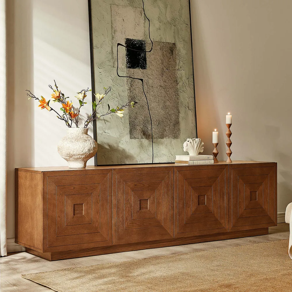 Carving Media Console in teak wood with natural brown finish