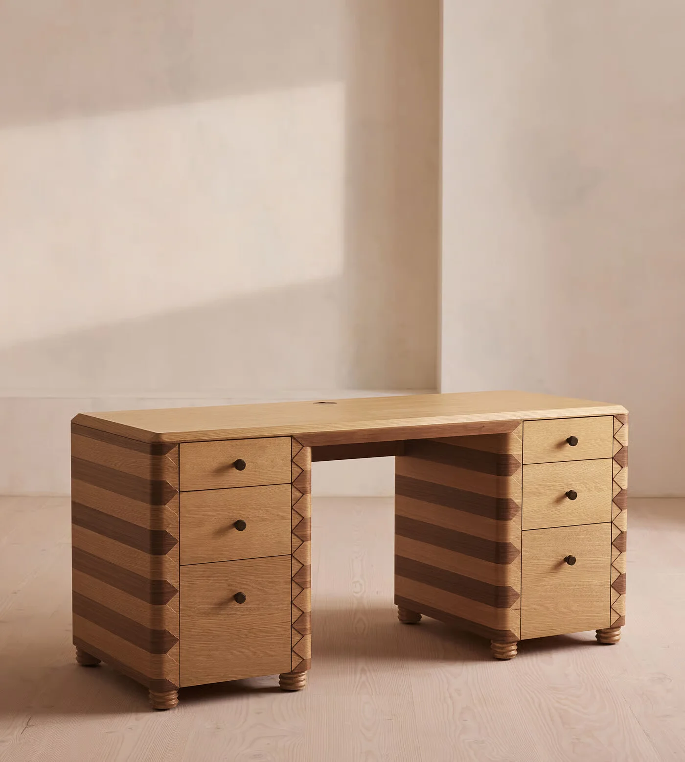 Wooden study desk with drawers in natural teak and brown finish