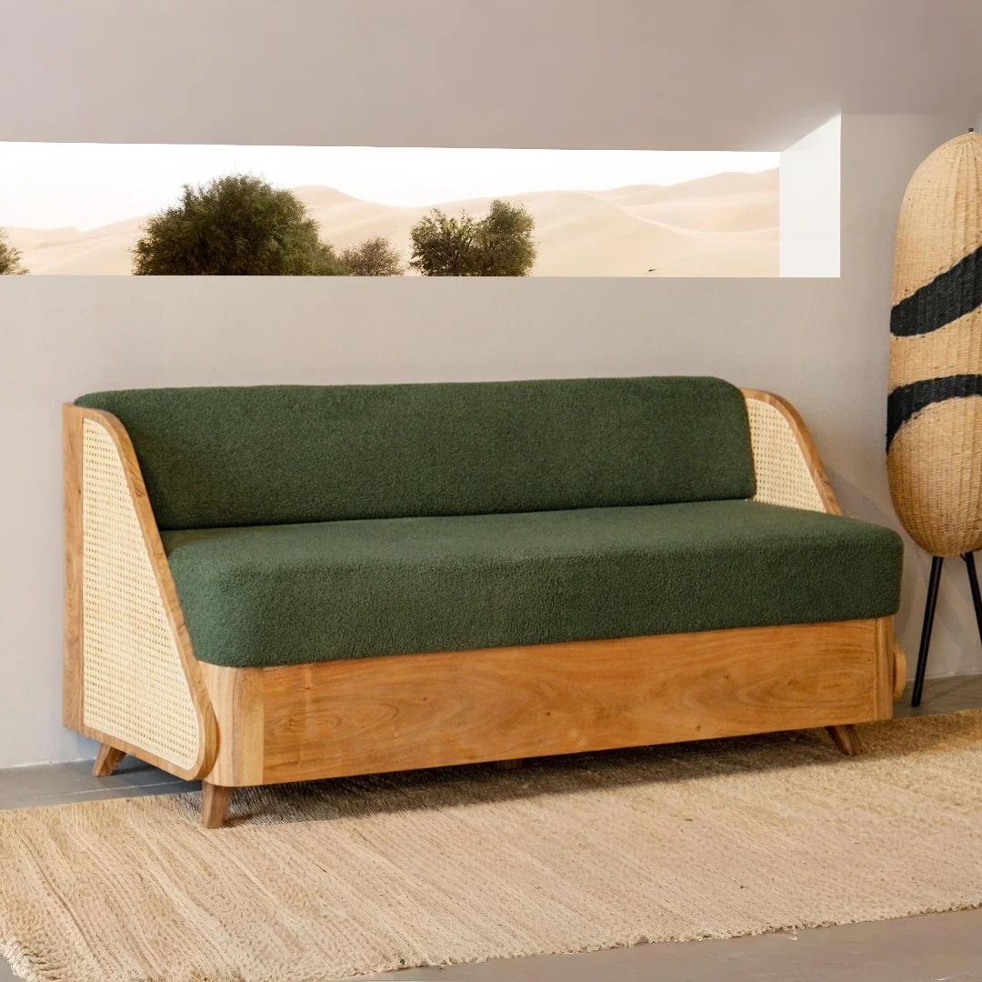 Modern 3 Seater Sofa in Teak Wood with Walnut Finish and Upholstered Cushions