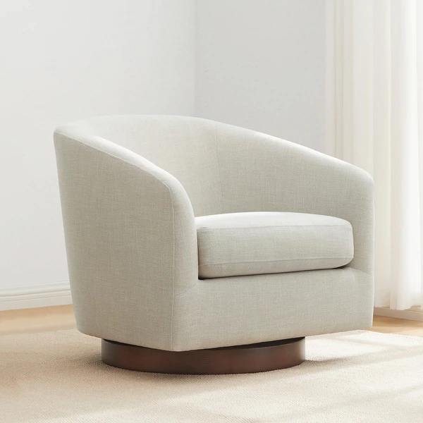Rotating Lounge Chair with Teak Wood Base and Velvet Upholstery