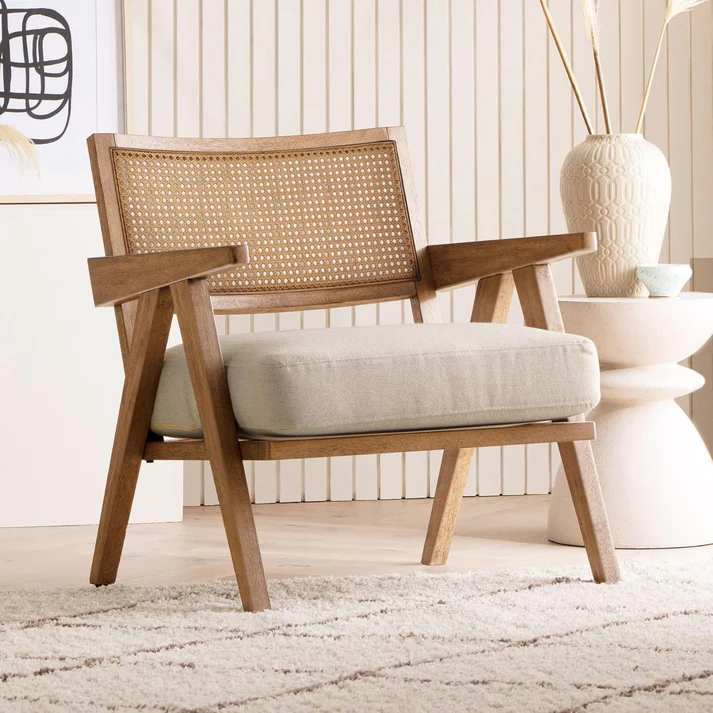 Lounge Chair in Teak Wood with Cane Backrest and Cushioned Seat Lounge Chair in Teak Wood with Cane Backrest and Cushioned Seat