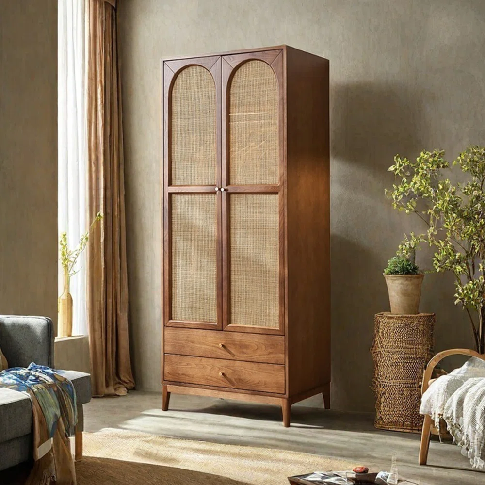 Rattan Wardrobe – European Style Solid Wood Storage Cabinet, Brown Finish