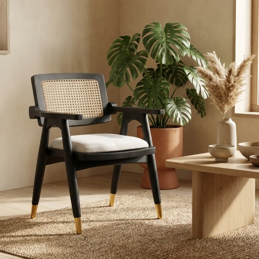Teak wood arm chair with cane back for dining room