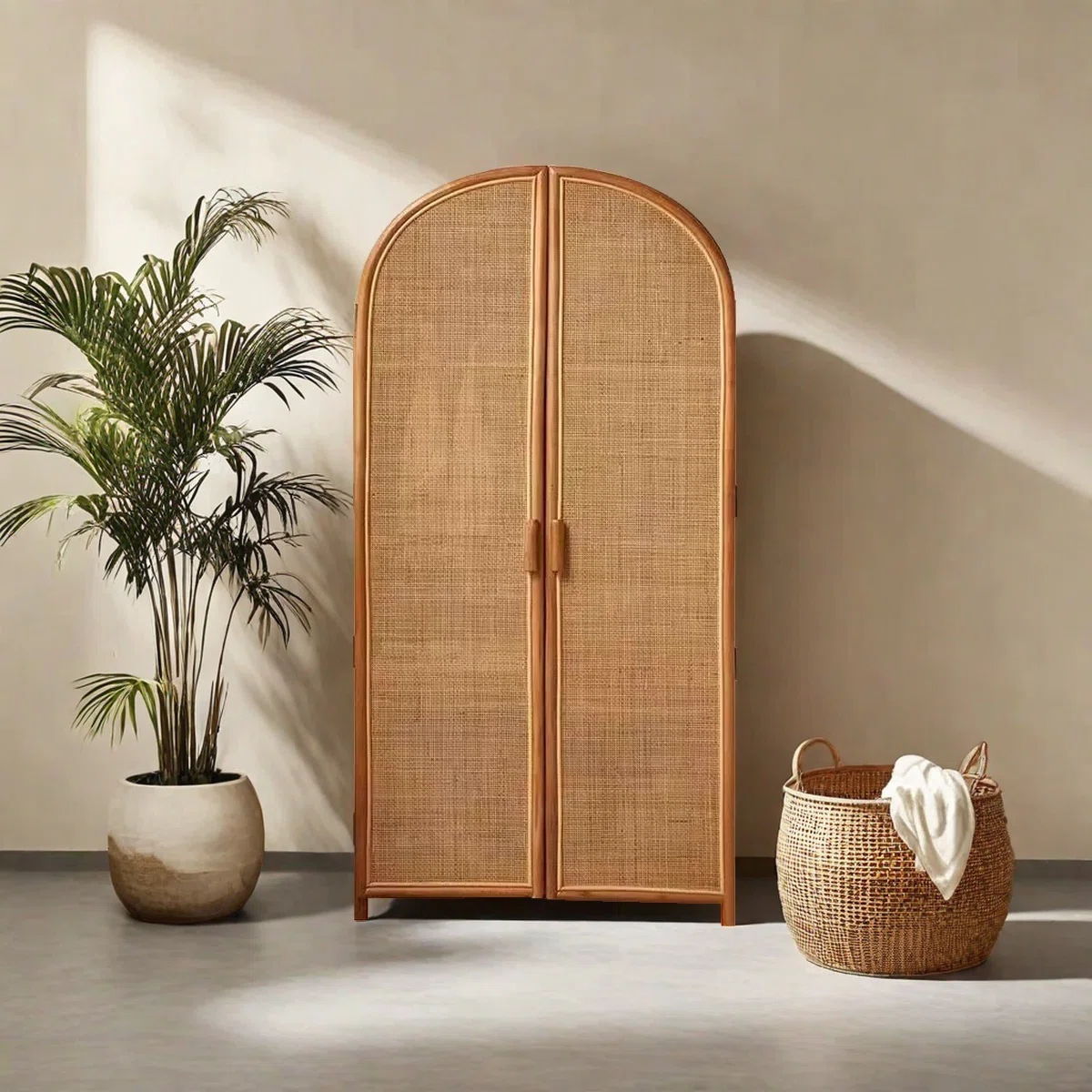 Japanese rattan wardrobe with arched doors, natural finish, minimal solid wood design.