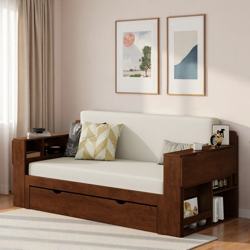 Sofa day bed with storage drawer and multifunctional convertible design for small spaces