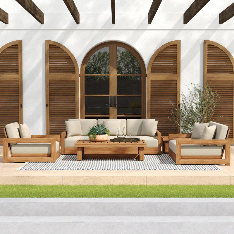 5 piece sofa set with teak wood frame and cotton canvas cushions