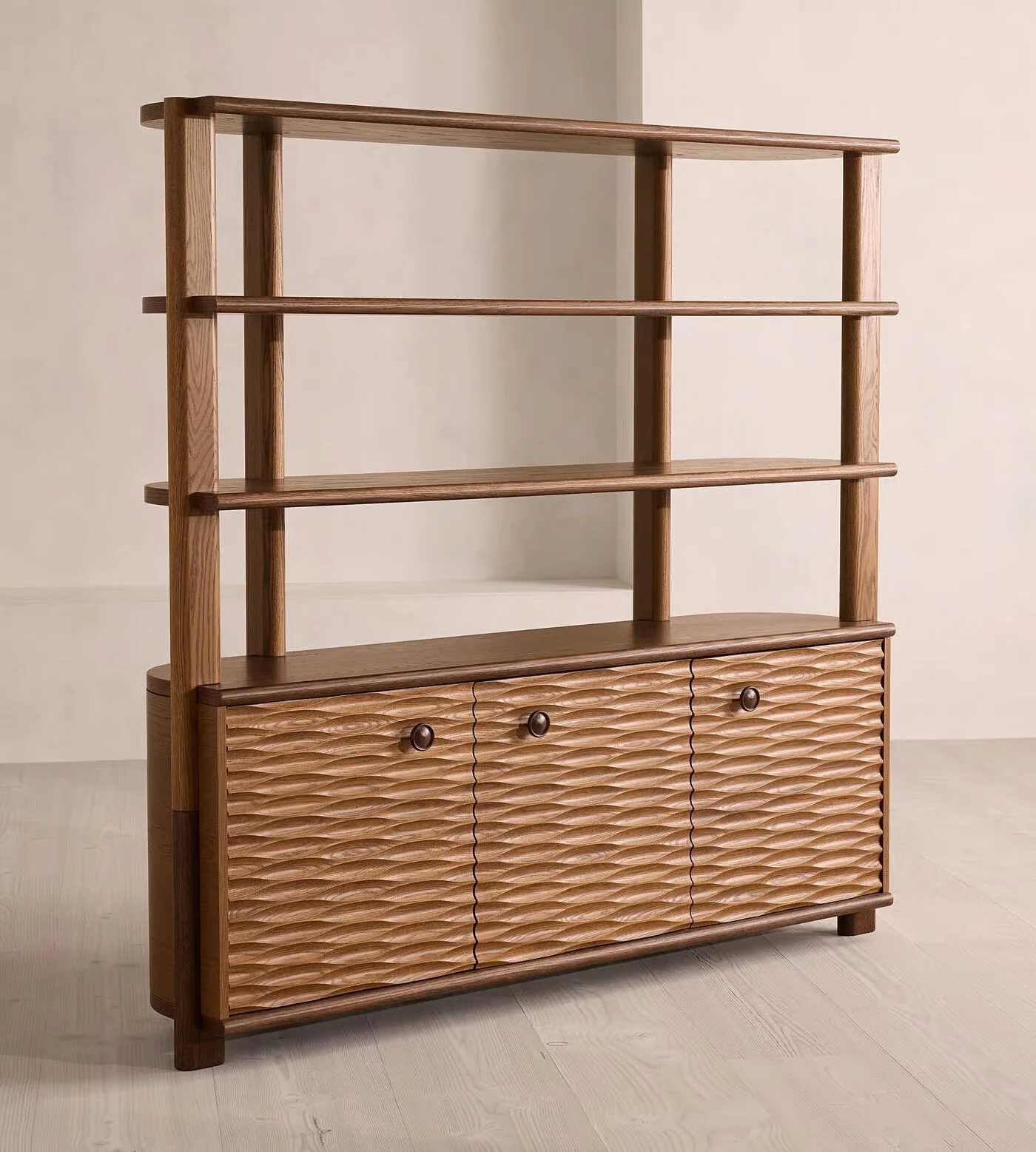 Cove Shelving Unit in solid teak wood with natural brown finish