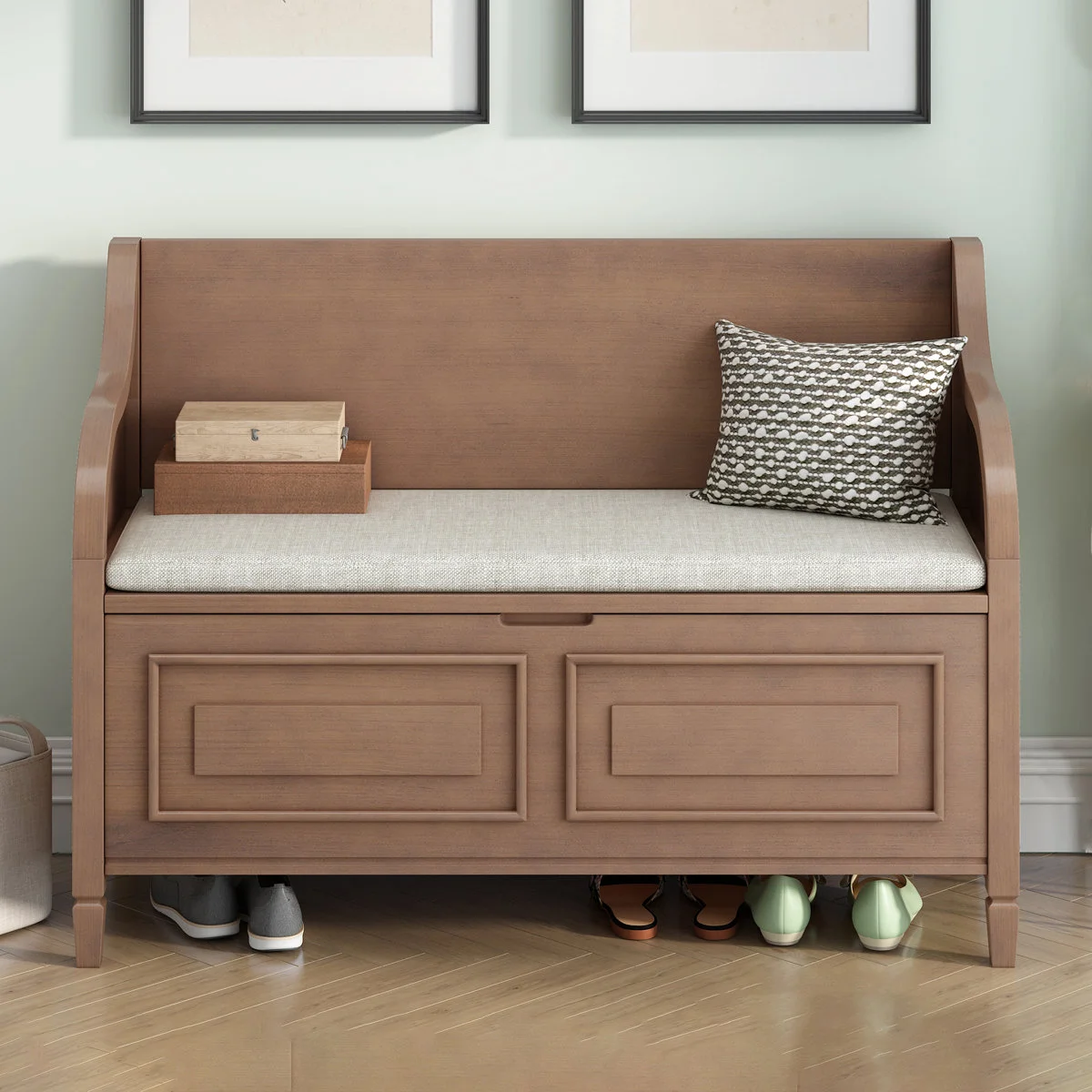 Rustic teak wood storage bench with cotton canvas cushion and hidden storage compartment
