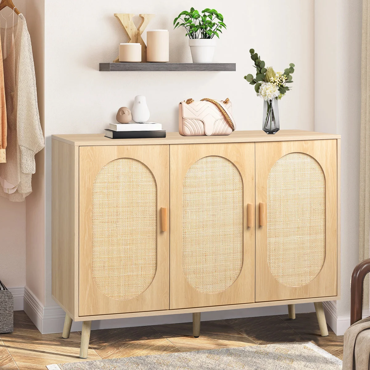 Bohemian style freestanding shoe cabinet with natural rattan veneer and teak wood frame, showing eight storage compartments.