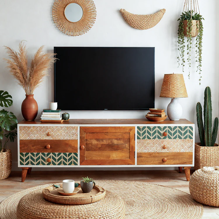 solid wood TV unit in teak wood with natural finish