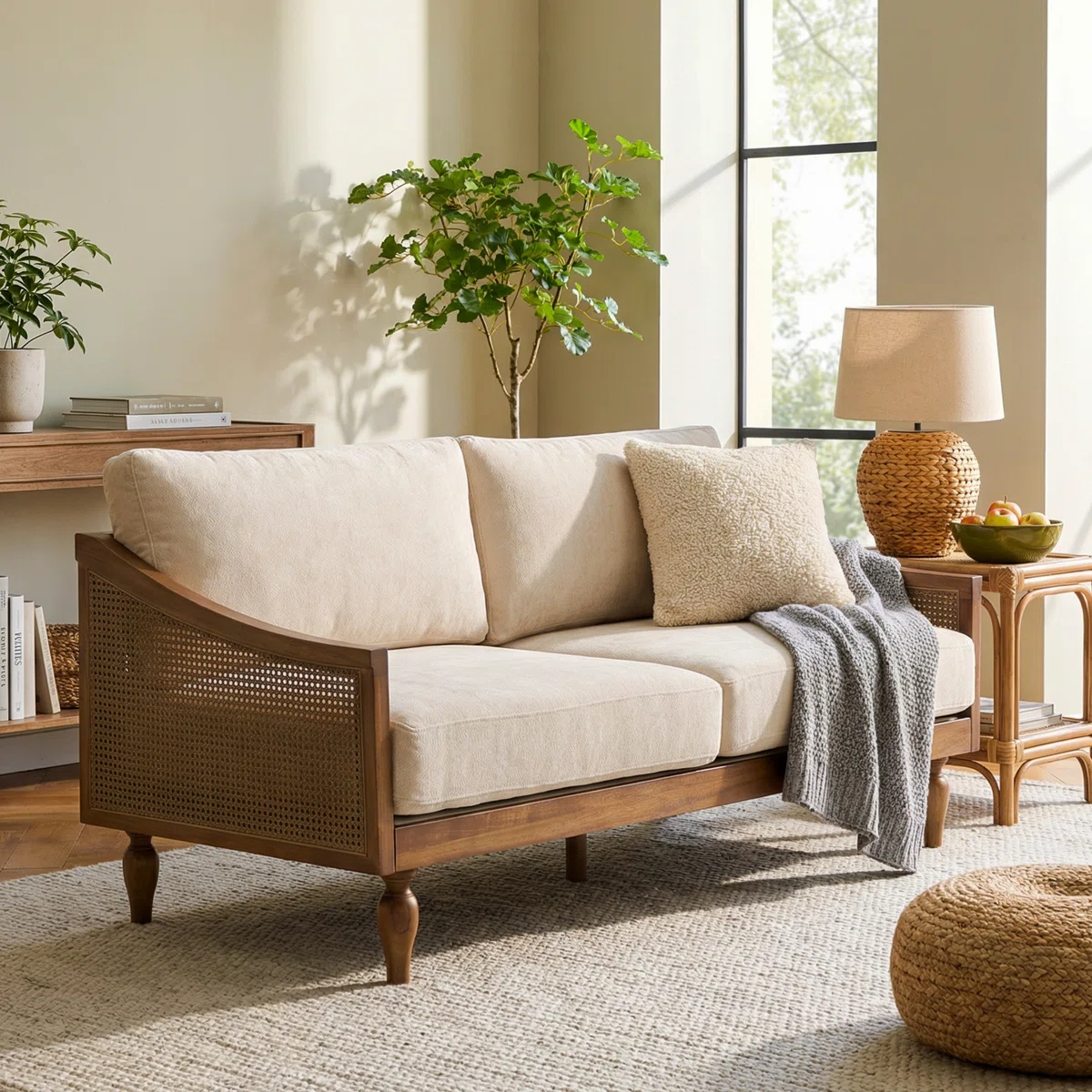 Wooden loveseat sofa in teak wood with cane detailing and dark brown finish