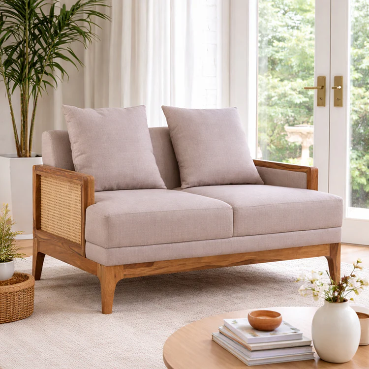Rattan sofa 2 seater with light brown textured upholstery