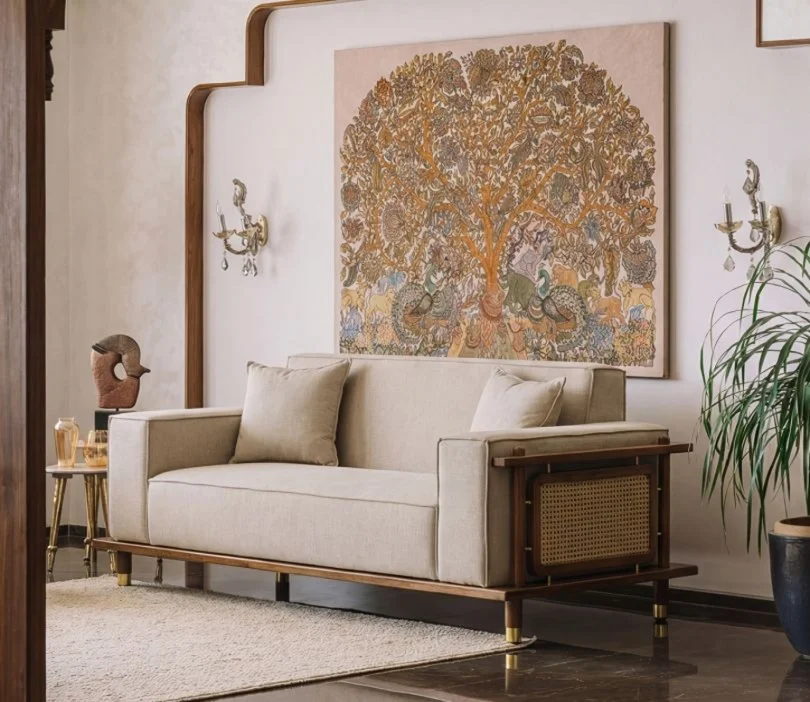 2 seater cane sofa in teak wood with natural brown finish
